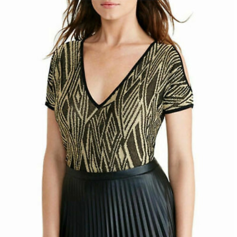 LAUREN Ralph Lauren Gold Black Metallic Cold Shoulder Short Sleeve Sweater XS